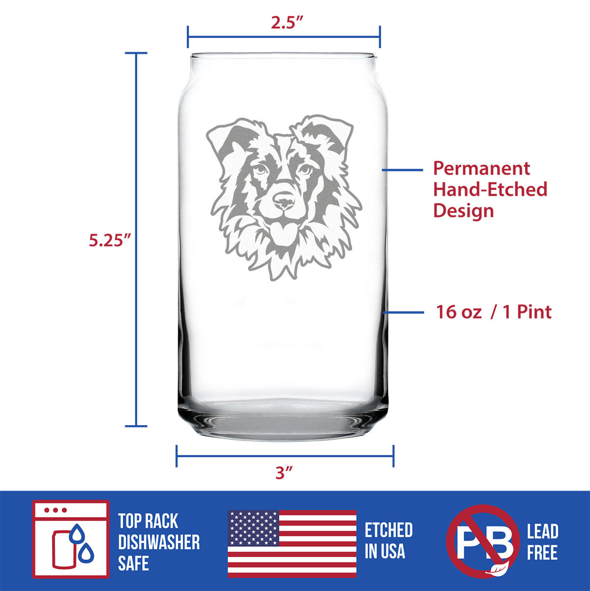 Border Collie Face Beer Can Pint Glass - Unique Dog Themed Decor and Gifts for Moms & Dads of Border Collies - 16 Oz