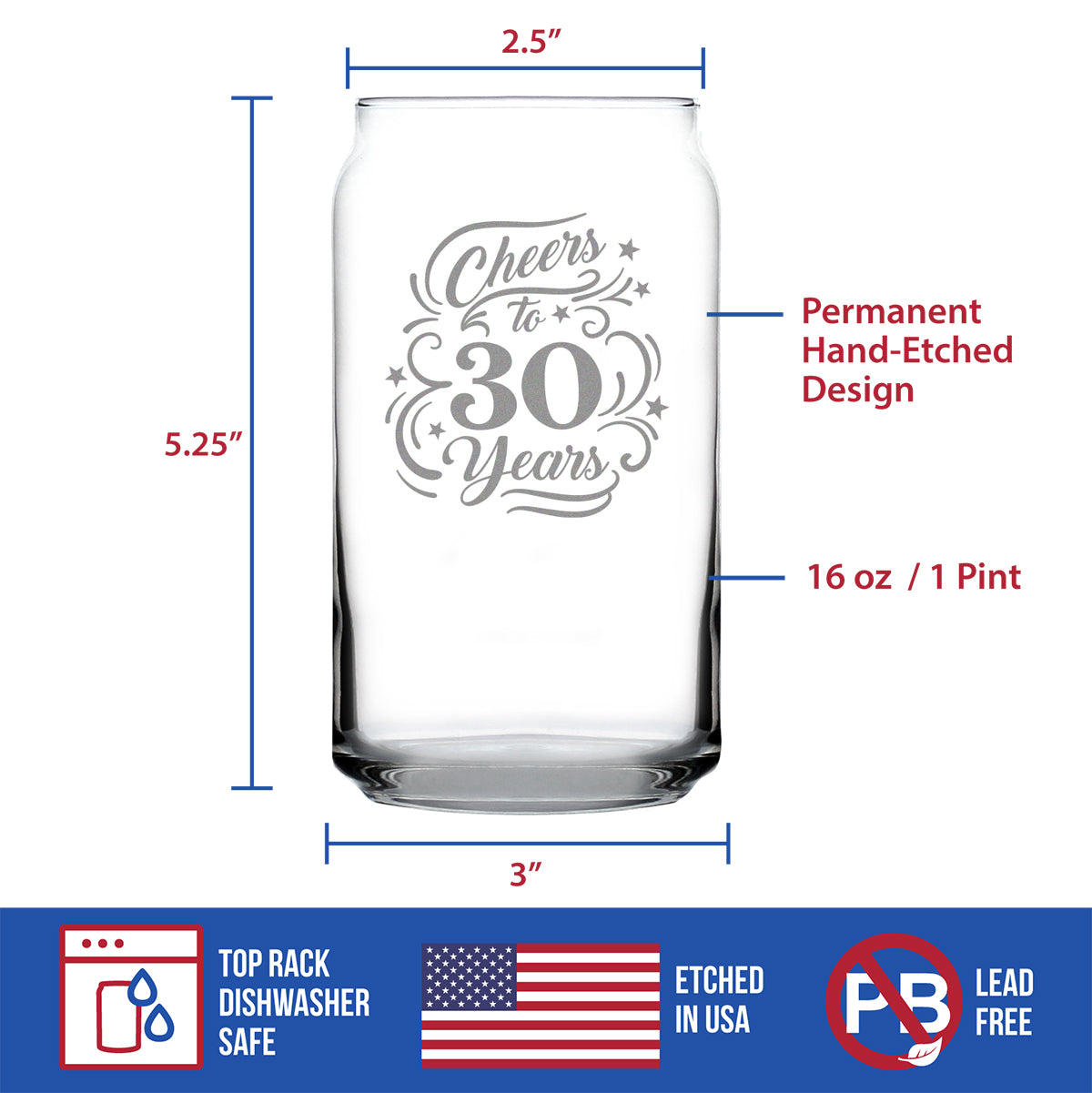 Cheers to 30 Years - Beer Can Pint Glass Gifts for Women & Men - 30th Anniversary Party Decor - 16 Oz Glasses