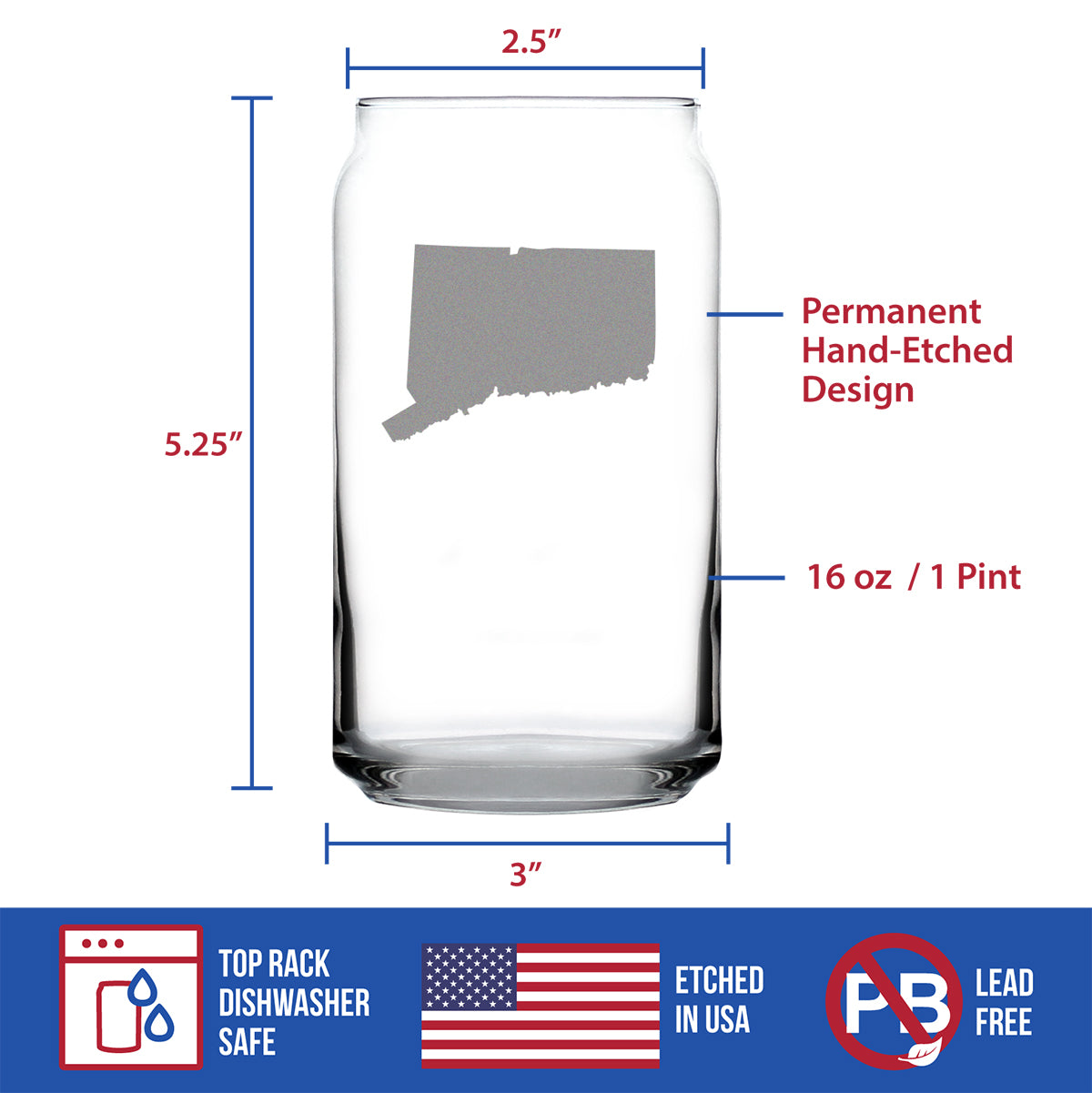 Connecticut State Outline Beer Can Pint Glass - State Themed Drinking Decor and Gifts for Connecticuters and Nutmegger Women & Men - 16 Oz Glasses