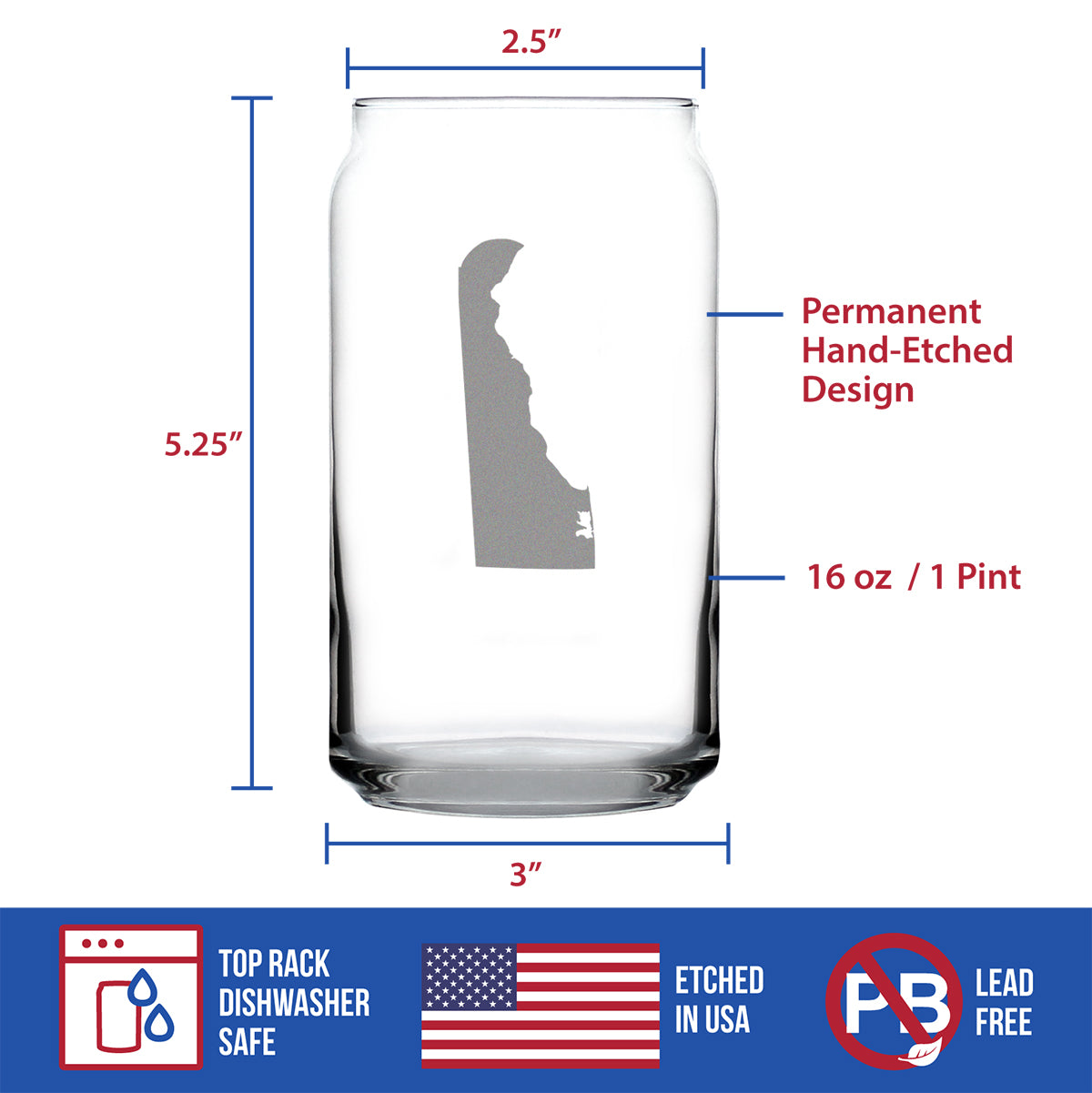 Delaware State Outline Beer Can Pint Glass - State Themed Drinking Decor and Gifts for Delawarean Women & Men - 16 Oz Glasses