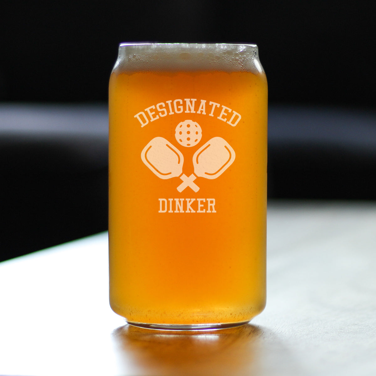 Designated Dinker - Beer Can Pint Glass - Funny Pickleball Themed Decor and Gifts - 16 oz Glasses