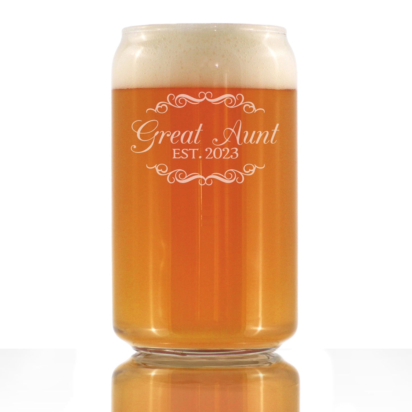Great Aunt Est. 2023 - Decorative - 16 oz Beer Can Pint Glass - Etched Sayings, Women's Gifts & Baby Reveal