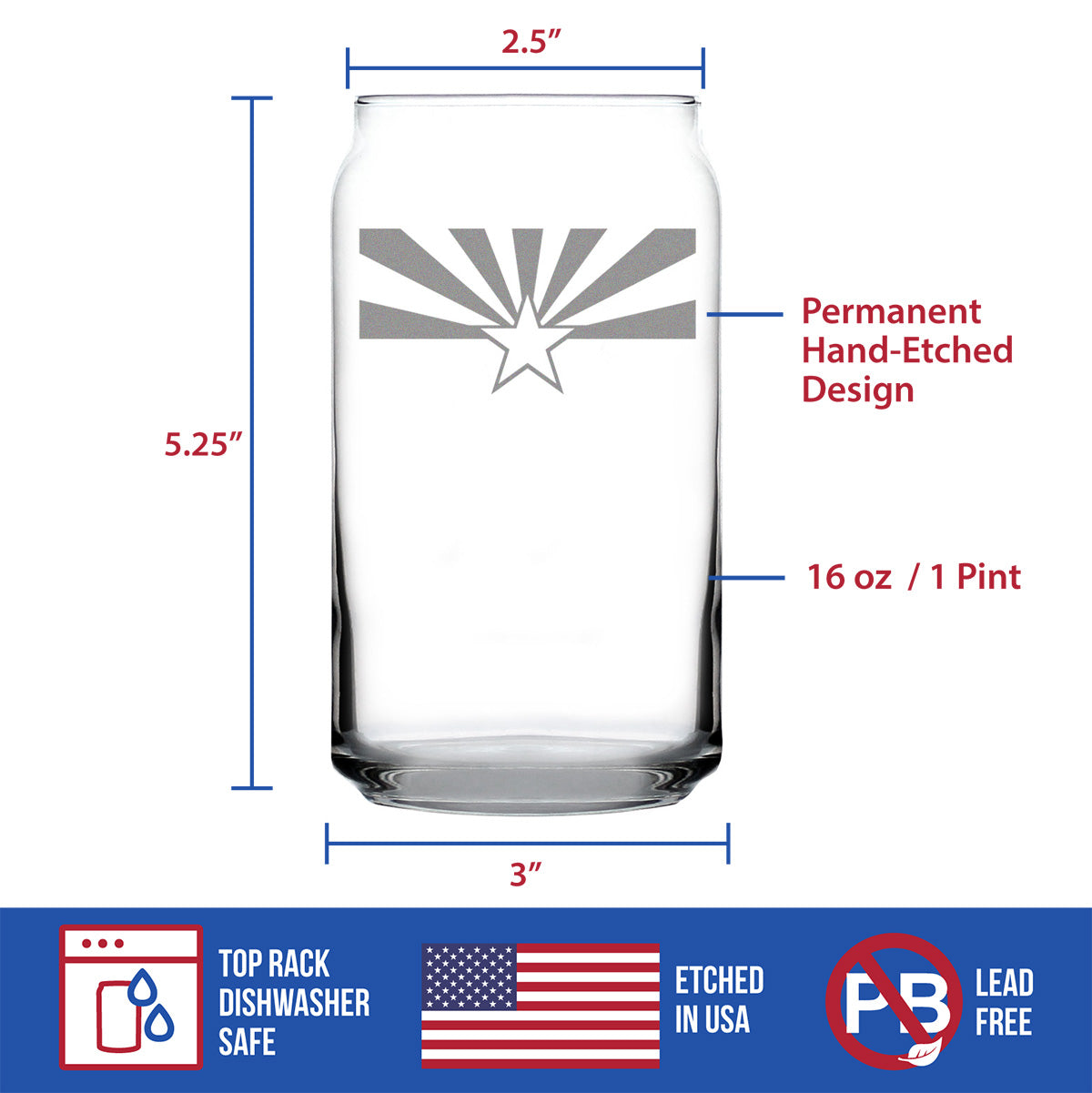 Arizona Flag Beer Can Pint Glass - State Themed Drinking Decor and Gifts for Arizonan Women & Men - 16 Oz Glasses