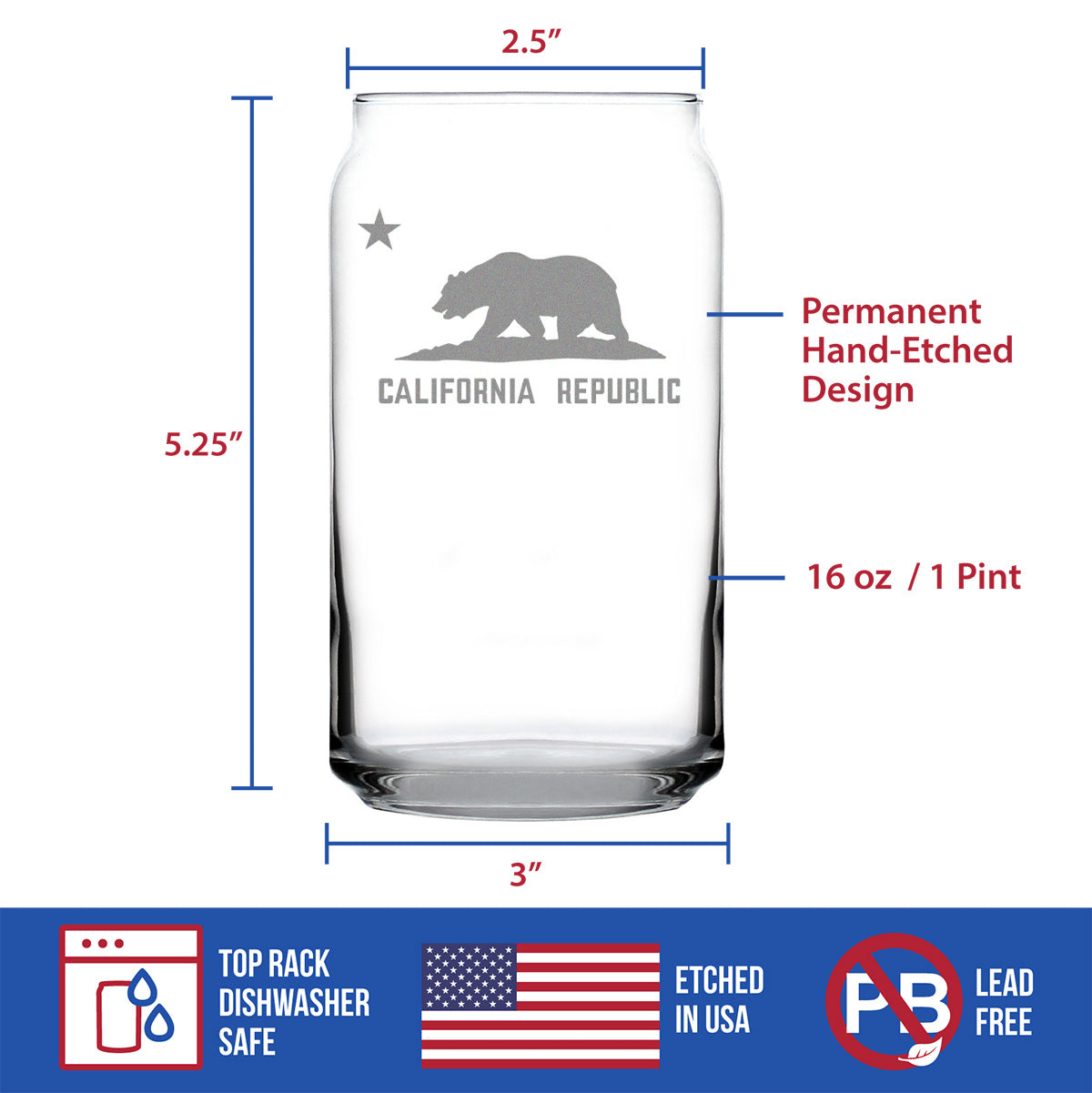 California Flag Beer Can Pint Glass - State Themed Drinking Decor and Gifts for Californian Women & Men - 16 Oz Glasses