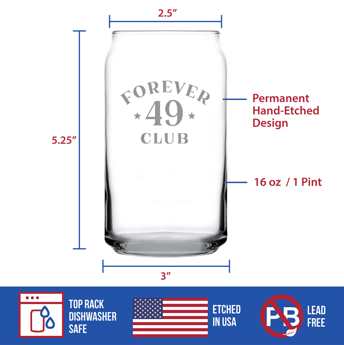 Forever 49 Club - Beer Can Pint Glass 50th Birthday Gifts for Women & Men Turning 50 - Fun Bday Party Decor - 16 Oz