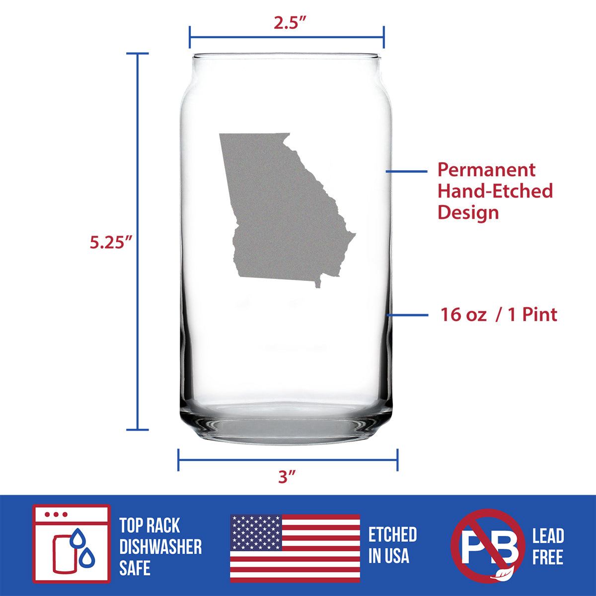 Georgia State Outline Beer Can Pint Glass - State Themed Drinking Decor and Gifts for Georgian Women & Men - 16 Oz Glasses