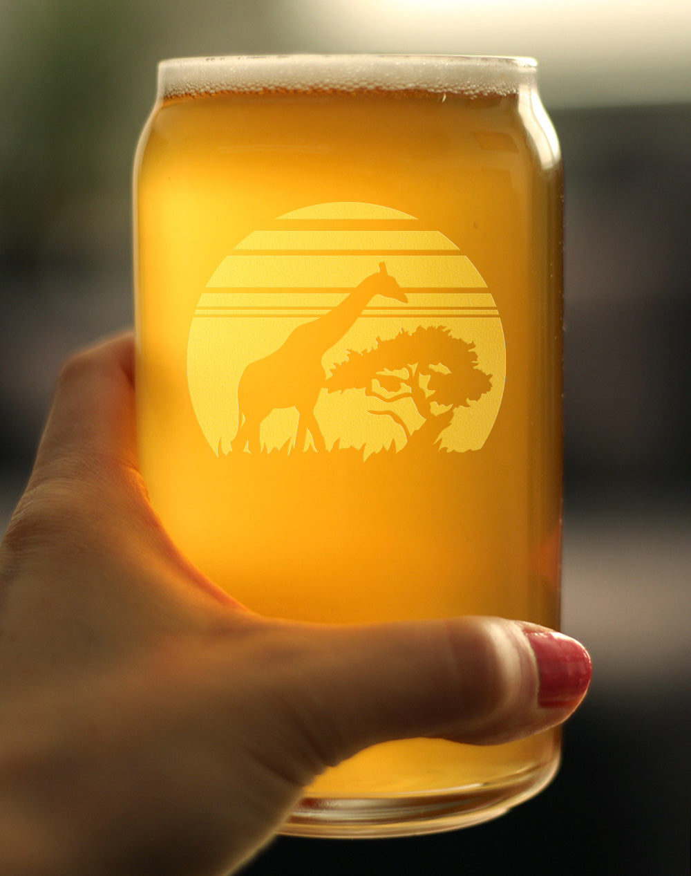 Giraffe Sunset Beer Can Pint Glass - Fun Safari Themed Decor and Gifts for Lovers of African Wild Animals - 16 Oz Glasses