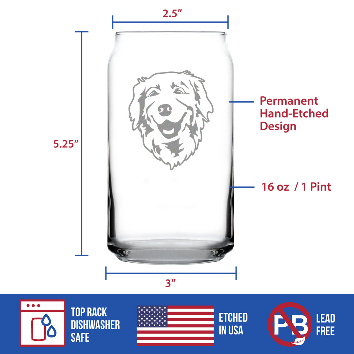 NEW Golden Retriever Happy Face - 16 Ounce Beer Can Pint Glass