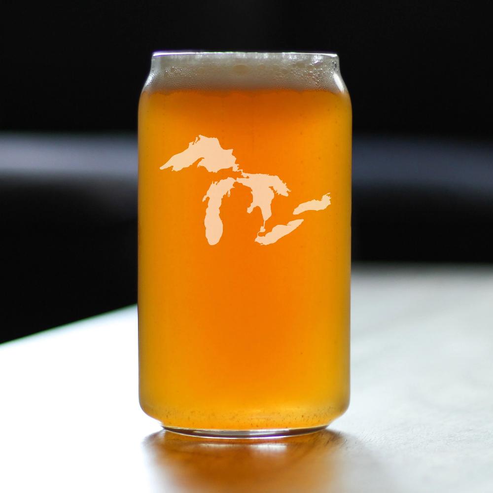 Great Lakes Map Beer Can Pint Glass Gift for Beer Drinking Men & Women - 16 oz Glassware - Unique Engraved Barware Gifts
