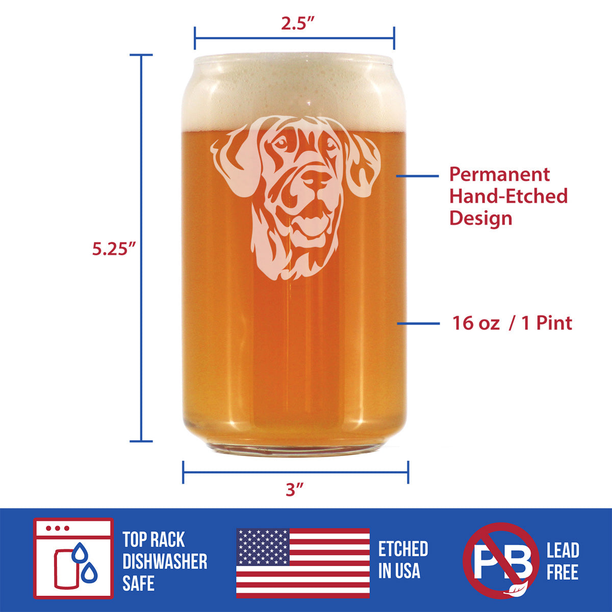 Great Dane Face Beer Can Pint Glass - Unique Dog Themed Decor and Gifts for Moms & Dads of Great Danes - 16 Oz