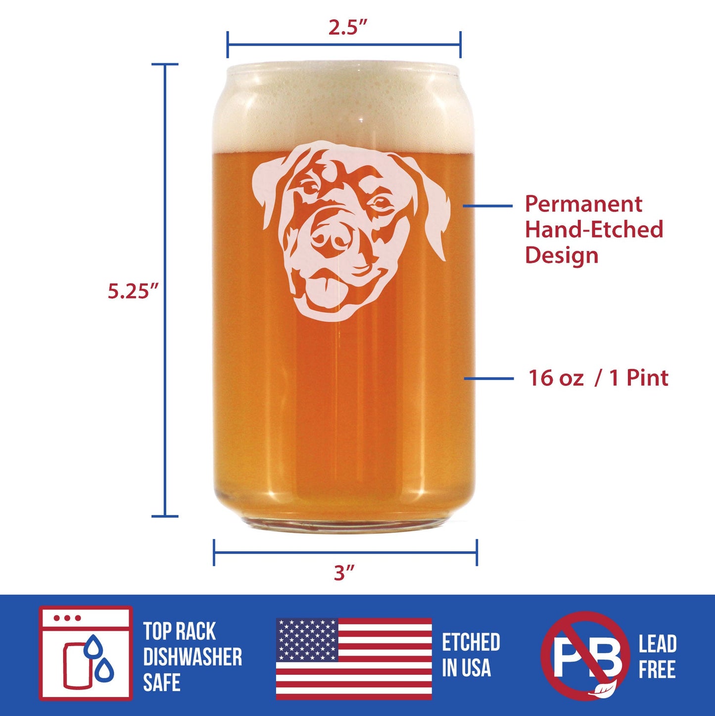 Happy Rottweiler - Beer Can Pint Glass - Fun Unique Rottweiler Themed Dog Gifts and Party Decor for Women and Men - 16 oz