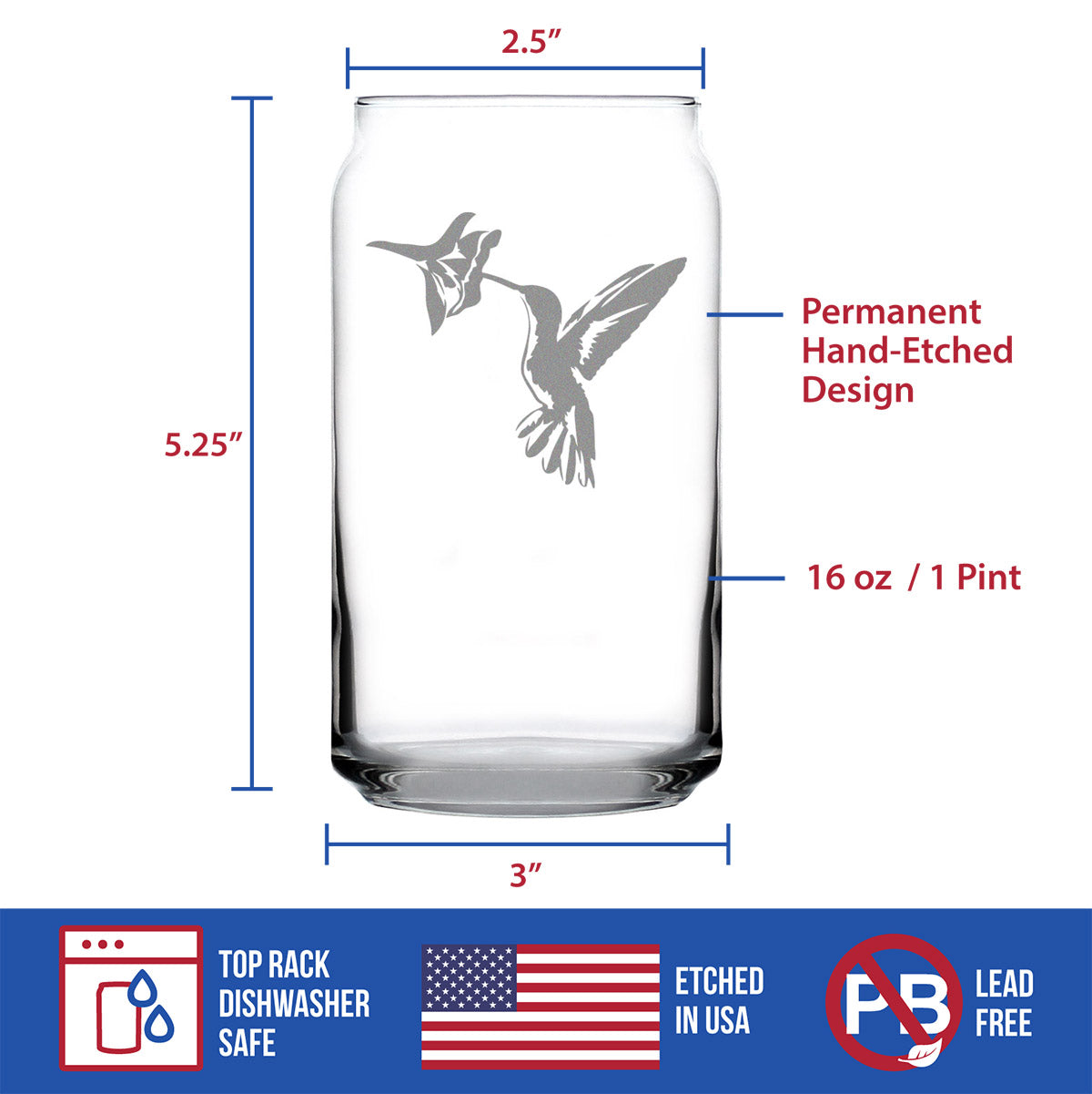 Hummingbird - Beer Can Pint Glass - Bird Themed Gifts and Decor for Men & Women - 16 Oz Glasses