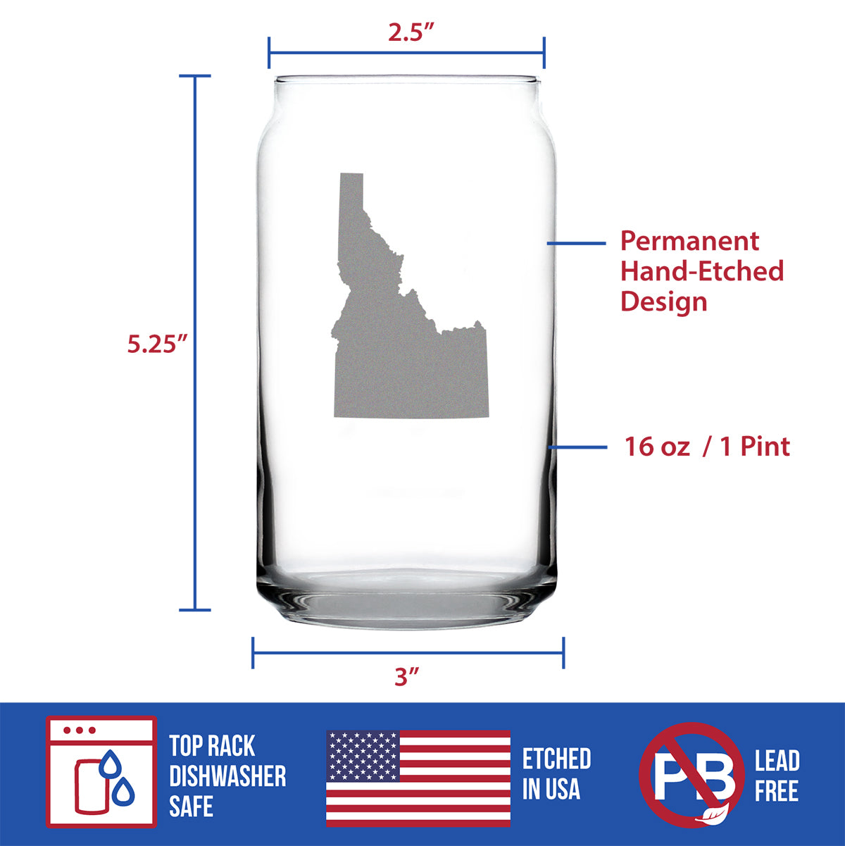 Idaho State Outline Beer Can Pint Glass - State Themed Drinking Decor and Gifts for Idahoan Women & Men - 16 Oz Glasses