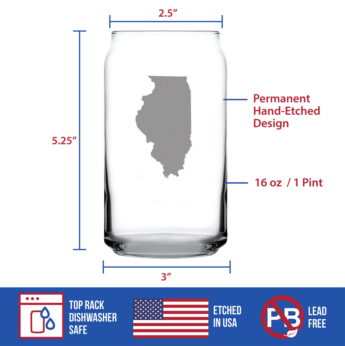 Illinois State Outline Beer Can Pint Glass - State Themed Drinking Decor and Gifts for Illinoisan Women & Men - 16 Oz Glasses