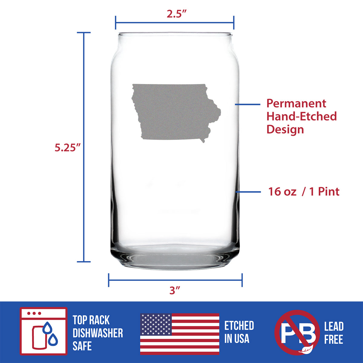Iowa State Outline Beer Can Pint Glass - State Themed Drinking Decor and Gifts for Iowan Women & Men - 16 Oz Glasses