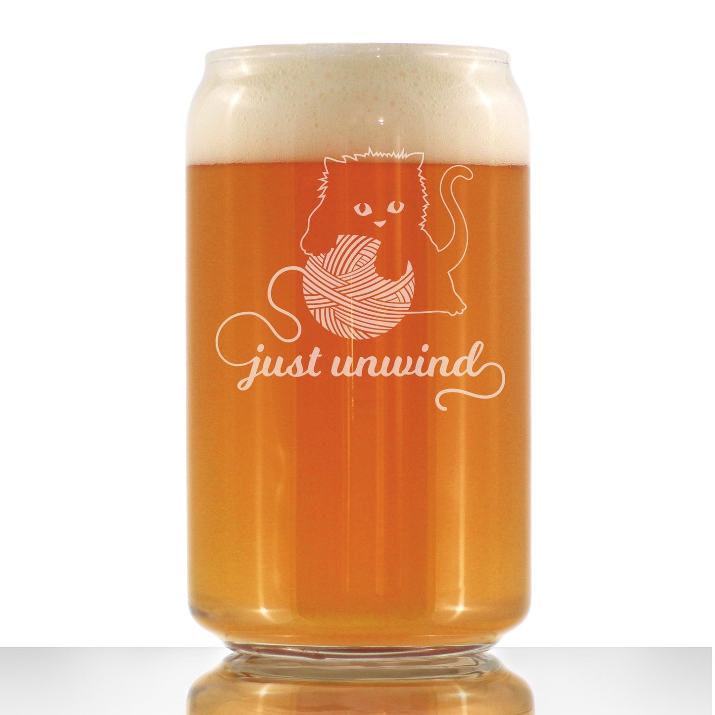 Just Unwind - Beer Can Pint Glass - Funny Kitten Themed Gifts for Cat Lovers Who Knit and Crochet - 16 Oz Glasses