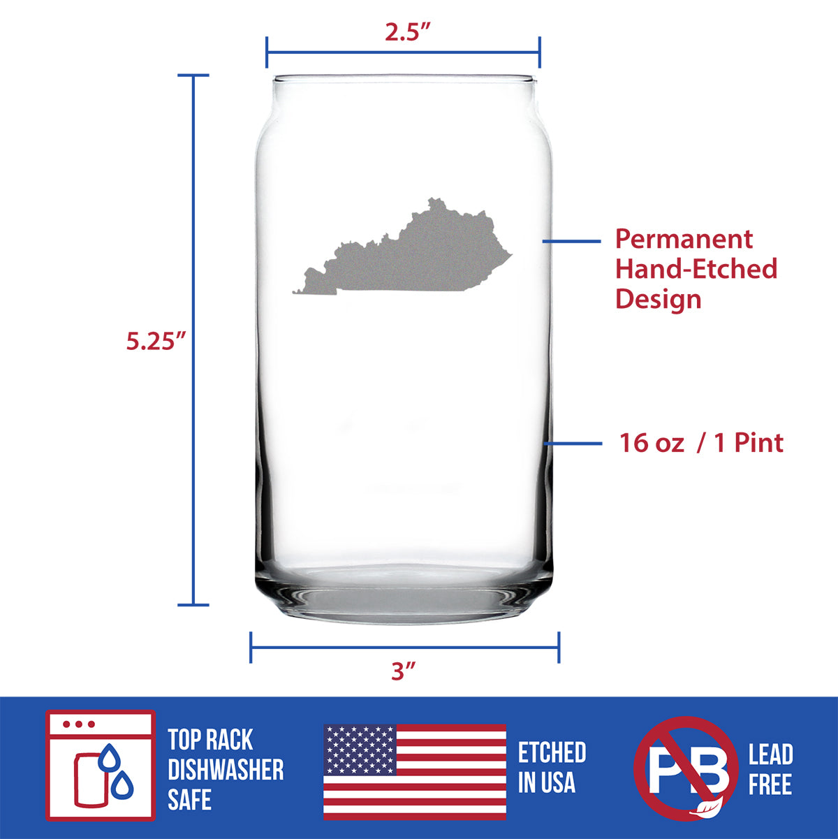Kentucky State Outline Beer Can Pint Glass - State Themed Drinking Decor and Gifts for Kentuckian Women & Men - 16 Oz Glasses