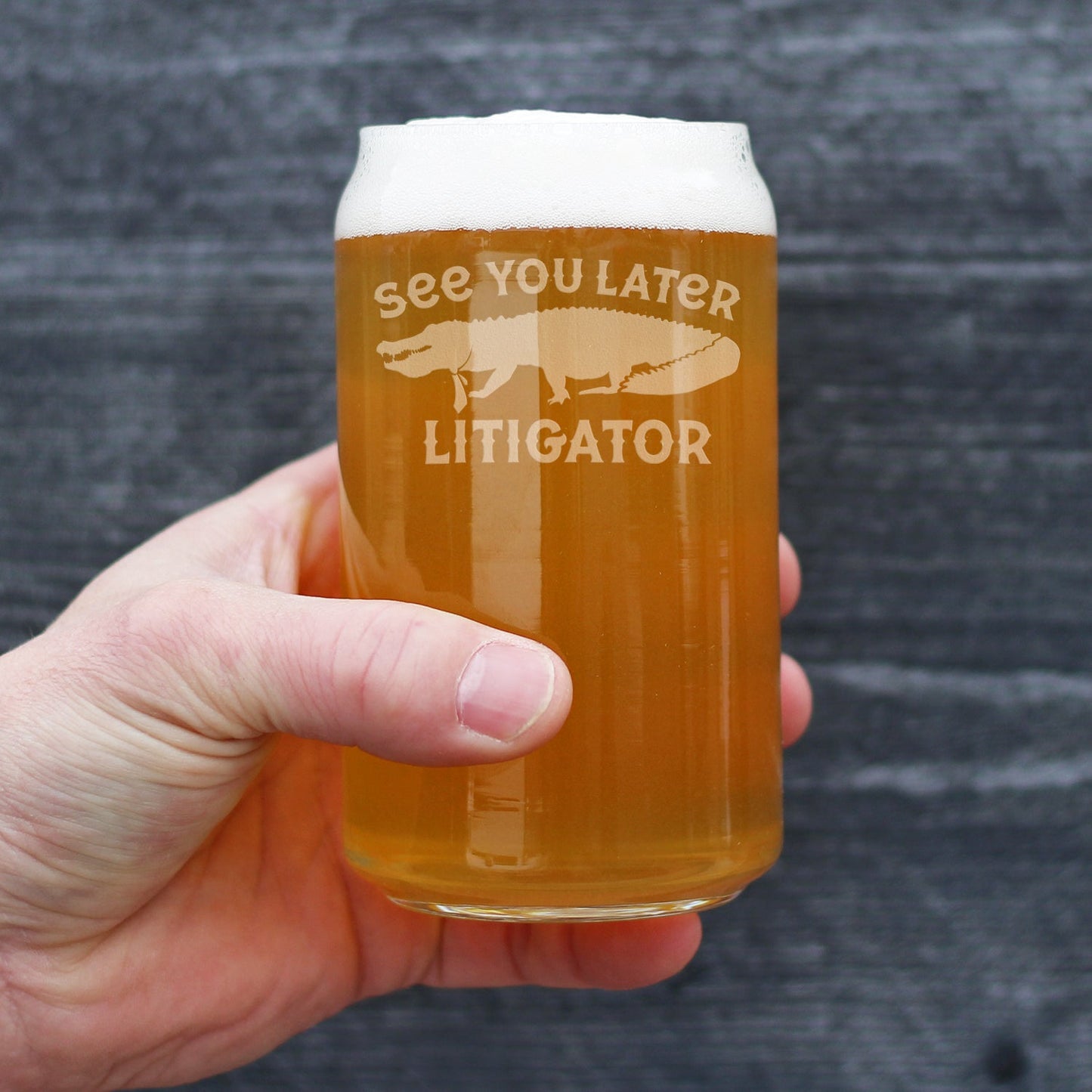 See You Later Litigator - Beer Can Pint Glass - Funny Lawyer Gifts for Law School Graduates - 16 oz Glass