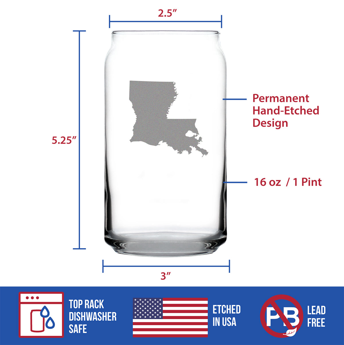 Louisiana State Outline Beer Can Pint Glass - State Themed Drinking Decor and Gifts for Louisianian Women & Men - 16 Oz Glasses