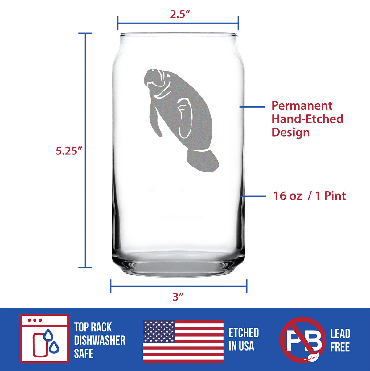 Manatee Beer Can Pint Glass - Cute Funny Ocean Animals Themed Decor and Gifts for Sea Creature Lovers - 16 oz