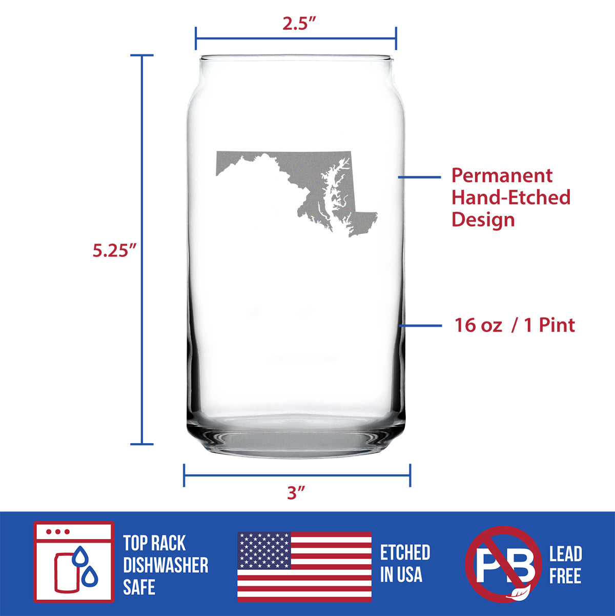 Maryland State Outline Beer Can Pint Glass - State Themed Drinking Decor and Gifts for Marylander Women & Men - 16 Oz Glasses