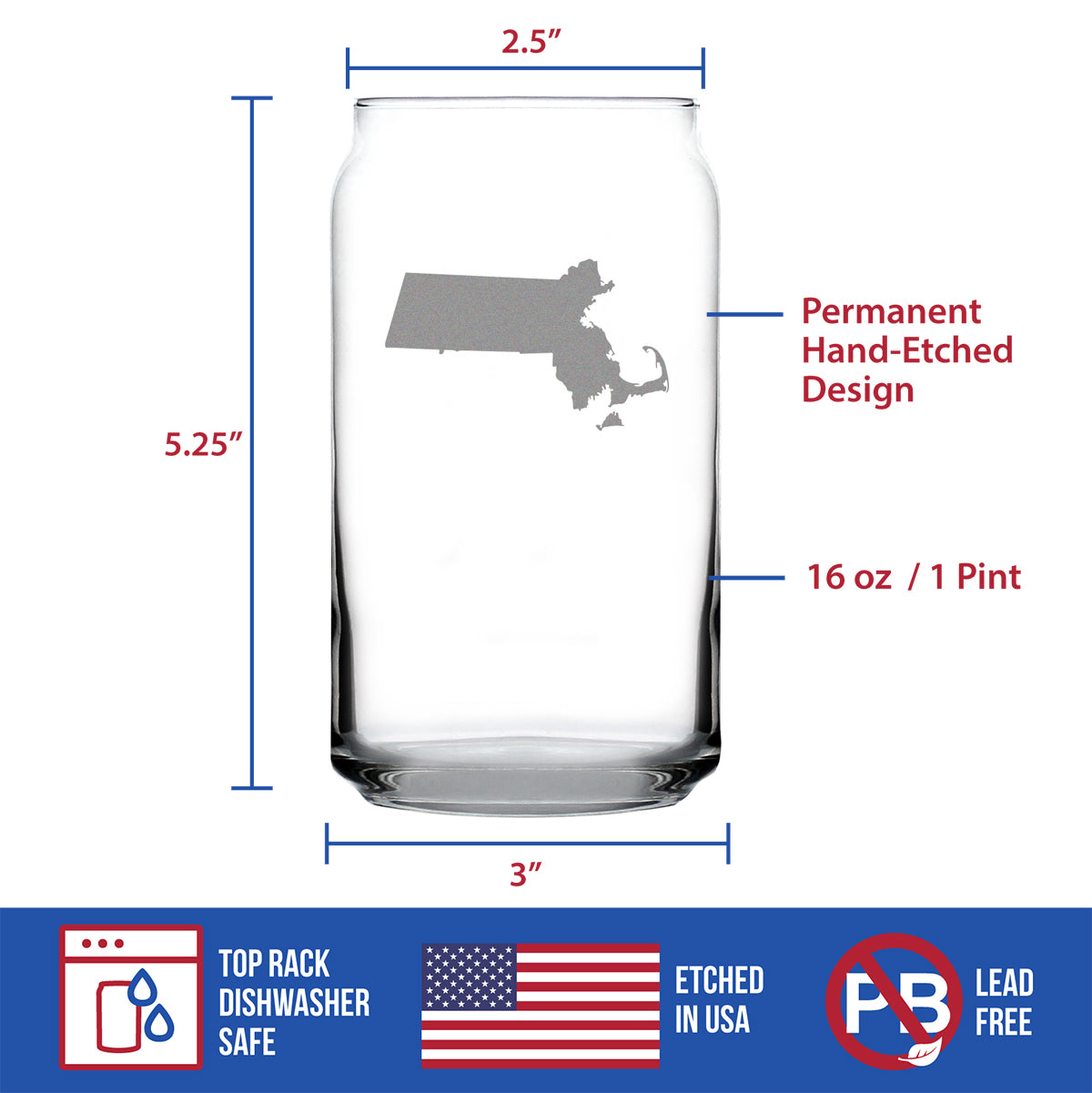 Massachusetts State Outline Beer Can Pint Glass - State Themed Drinking Decor and Gifts for Bay Stater Women & Men - 16 Oz Glasses
