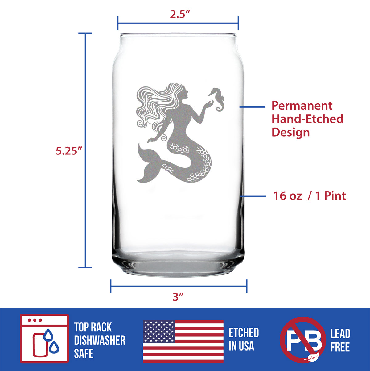 Mermaid Beer Can Pint Glass - Fun Mermaids Themed Decor and Gifts for Beach Lovers - 16 Oz Glasses