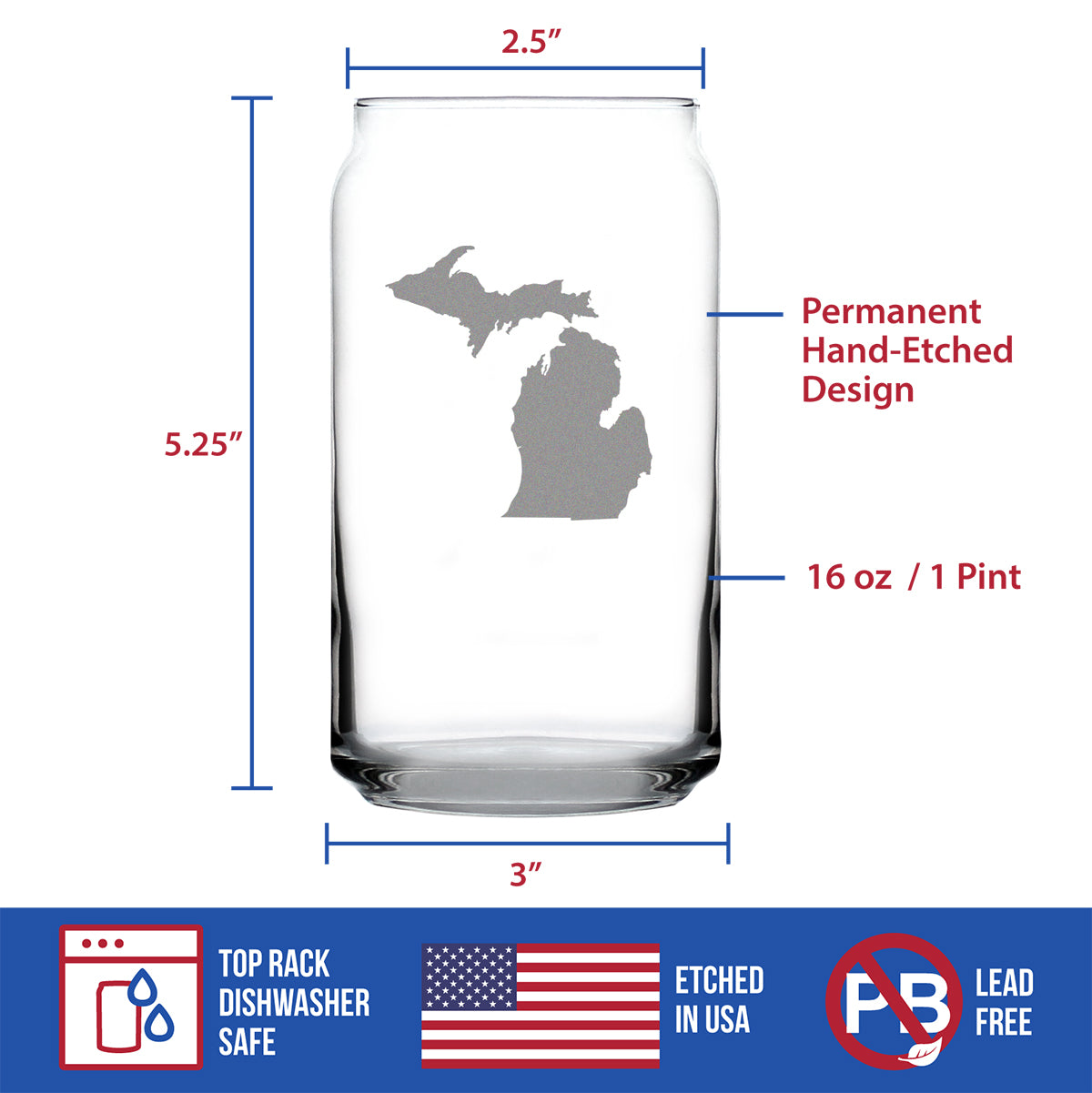 Michigan State Outline Beer Can Pint Glass - State Themed Drinking Decor and Gifts for Michigander Women & Men - 16 Oz Glasses