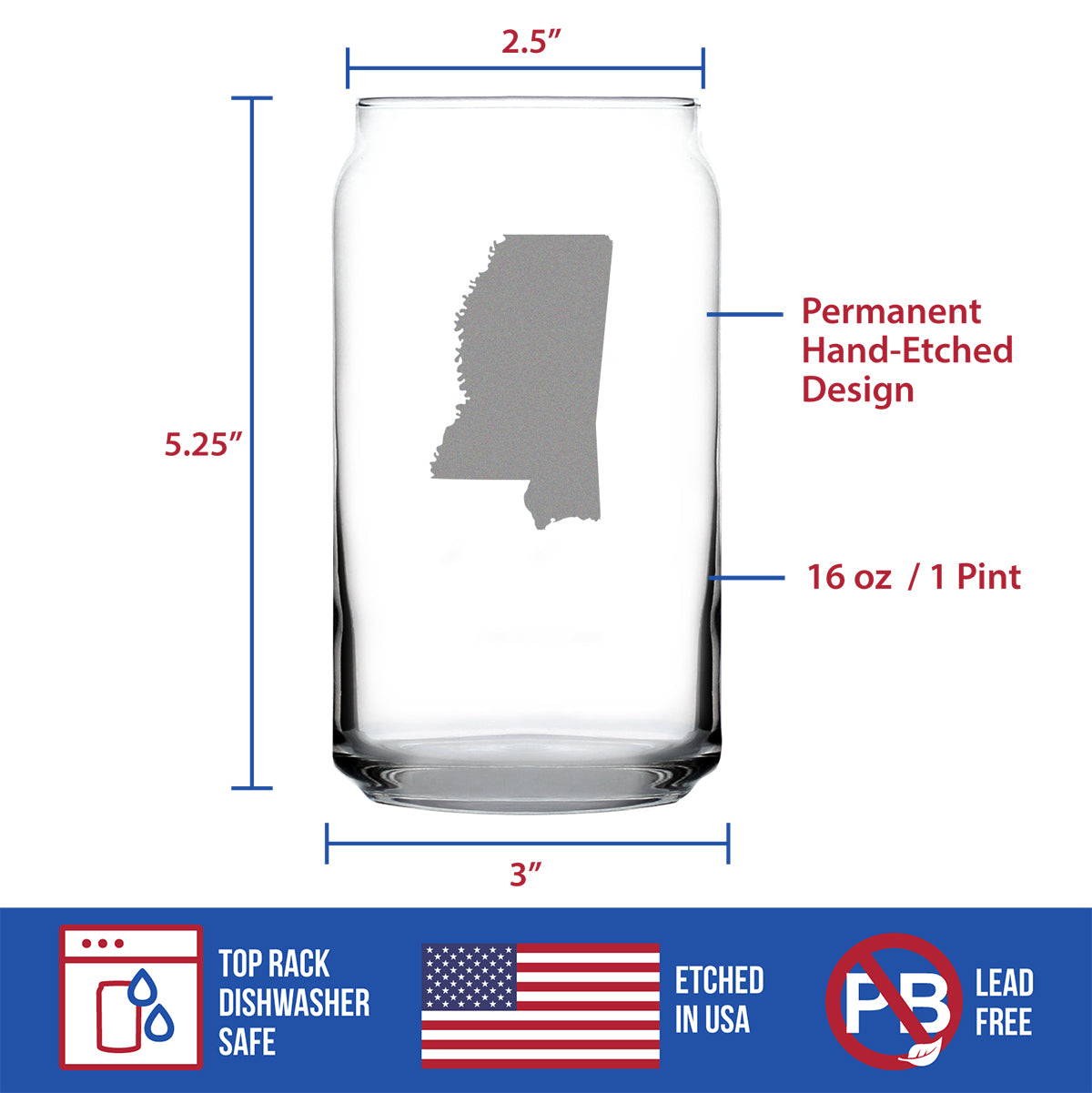 Mississippi State Outline Beer Can Pint Glass - State Themed Drinking Decor and Gifts for Mississippian Women & Men - 16 Oz Glasses