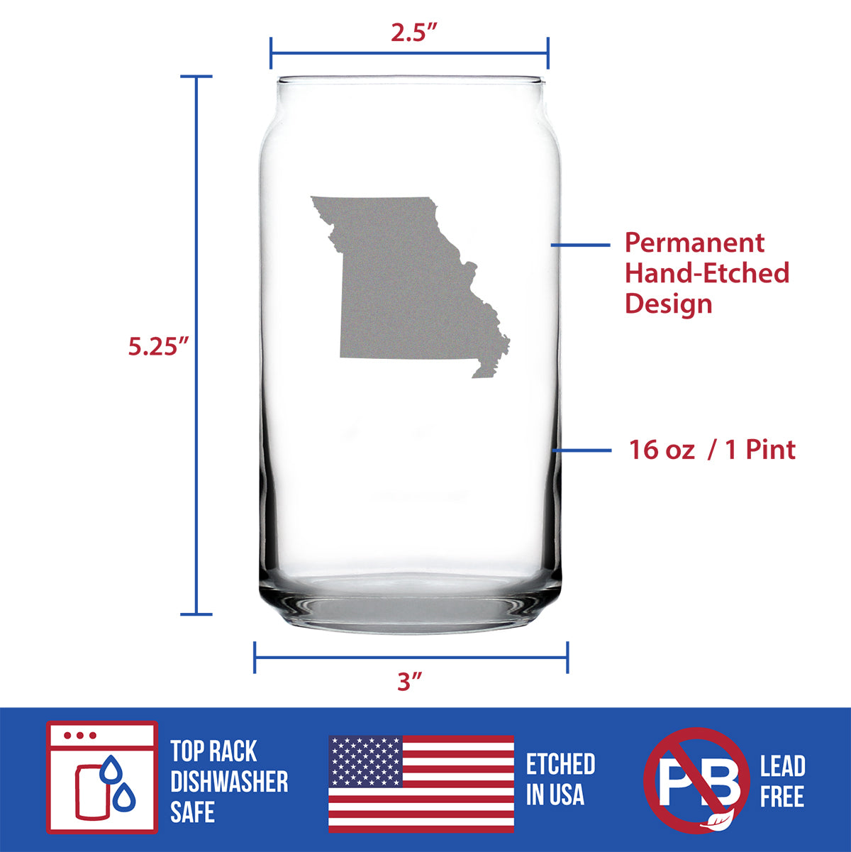 Missouri State Outline Beer Can Pint Glass - State Themed Drinking Decor and Gifts for Missourian Women & Men - 16 Oz Glasses