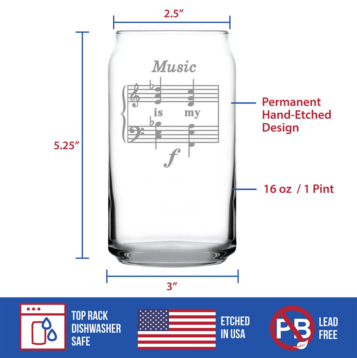 Music Is My Forte - Beer Can Pint Glass - Funny Musician Gifts and Musical Accessories - 16 oz Glasses