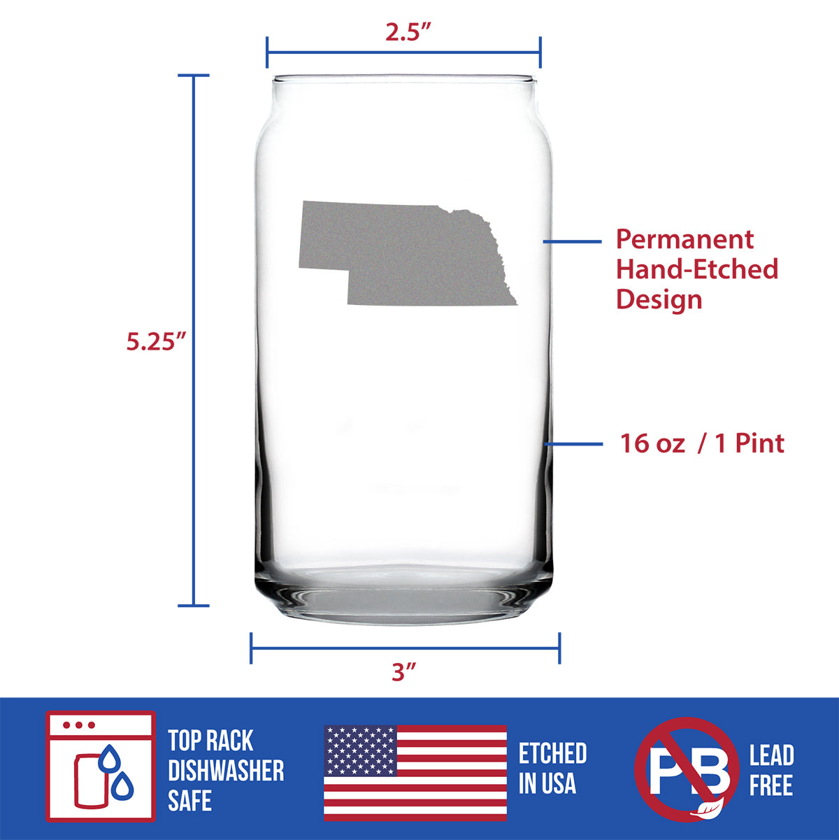 Nebraska State Outline Beer Can Pint Glass - State Themed Drinking Decor and Gifts for Nebraskan Women & Men - 16 Oz Glasses