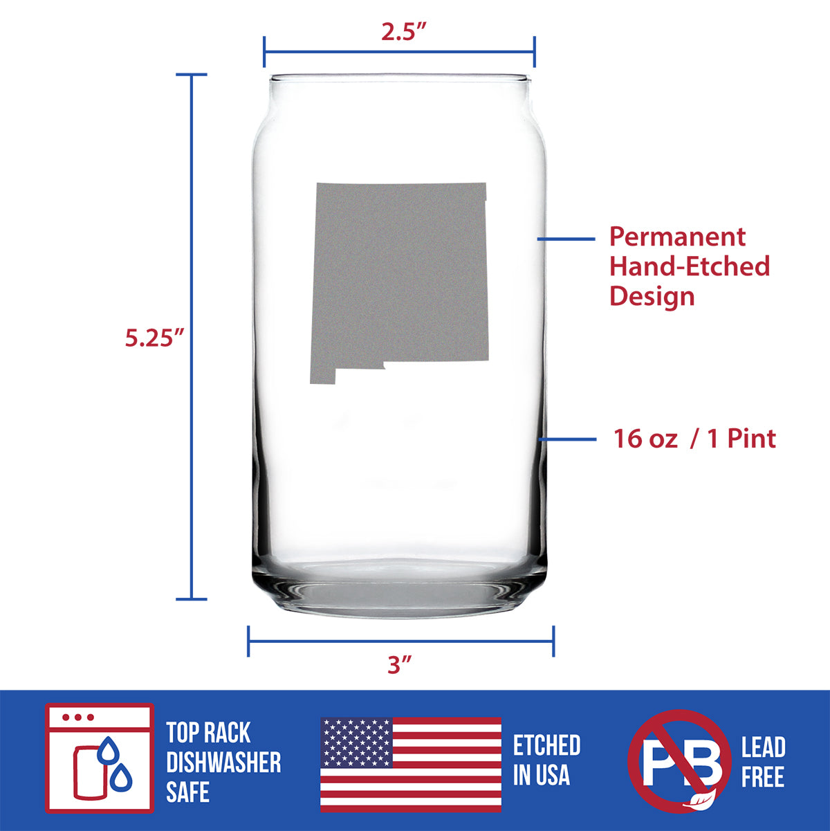 New Mexico State Outline Beer Can Pint Glass - State Themed Drinking Decor and Gifts for New Mexican Women & Men - 16 Oz Glasses