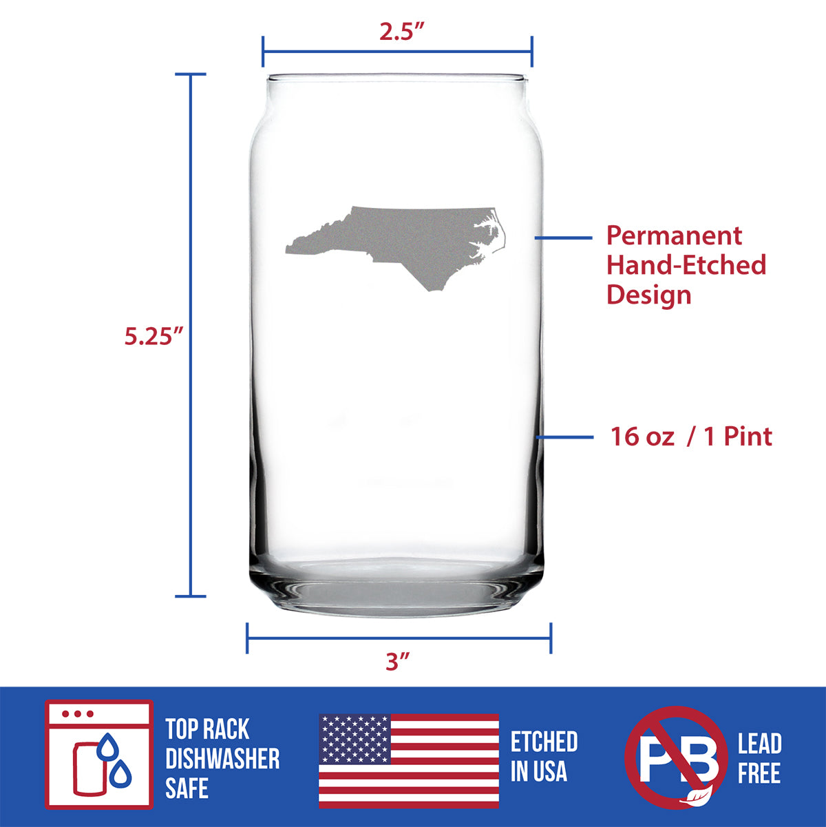 North Carolina State Outline Beer Can Pint Glass - State Themed Drinking Decor and Gifts for North Carolinian Women & Men - 16 Oz Glasses