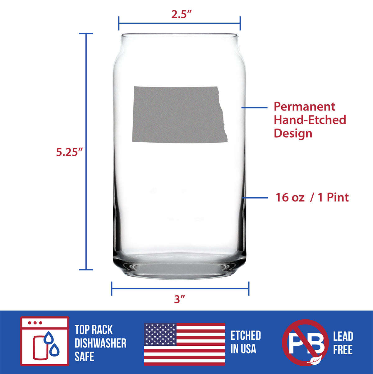 North Dakota State Outline Beer Can Pint Glass - State Themed Drinking Decor and Gifts for North Dakotan Women & Men - 16 Oz Glasses
