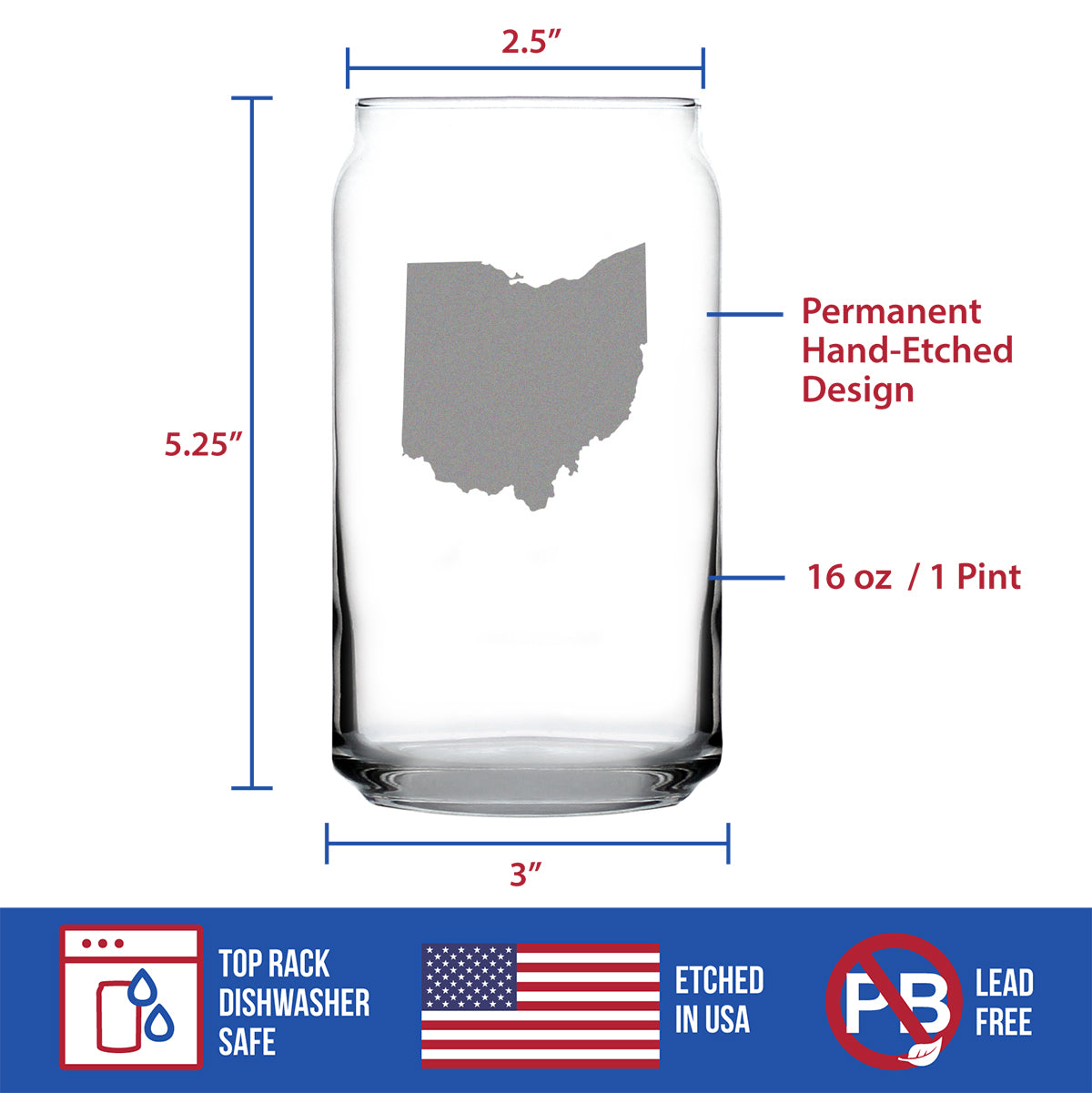 Ohio State Outline Beer Can Pint Glass - State Themed Drinking Decor and Gifts for Ohioan Women & Men - 16 Oz Glasses