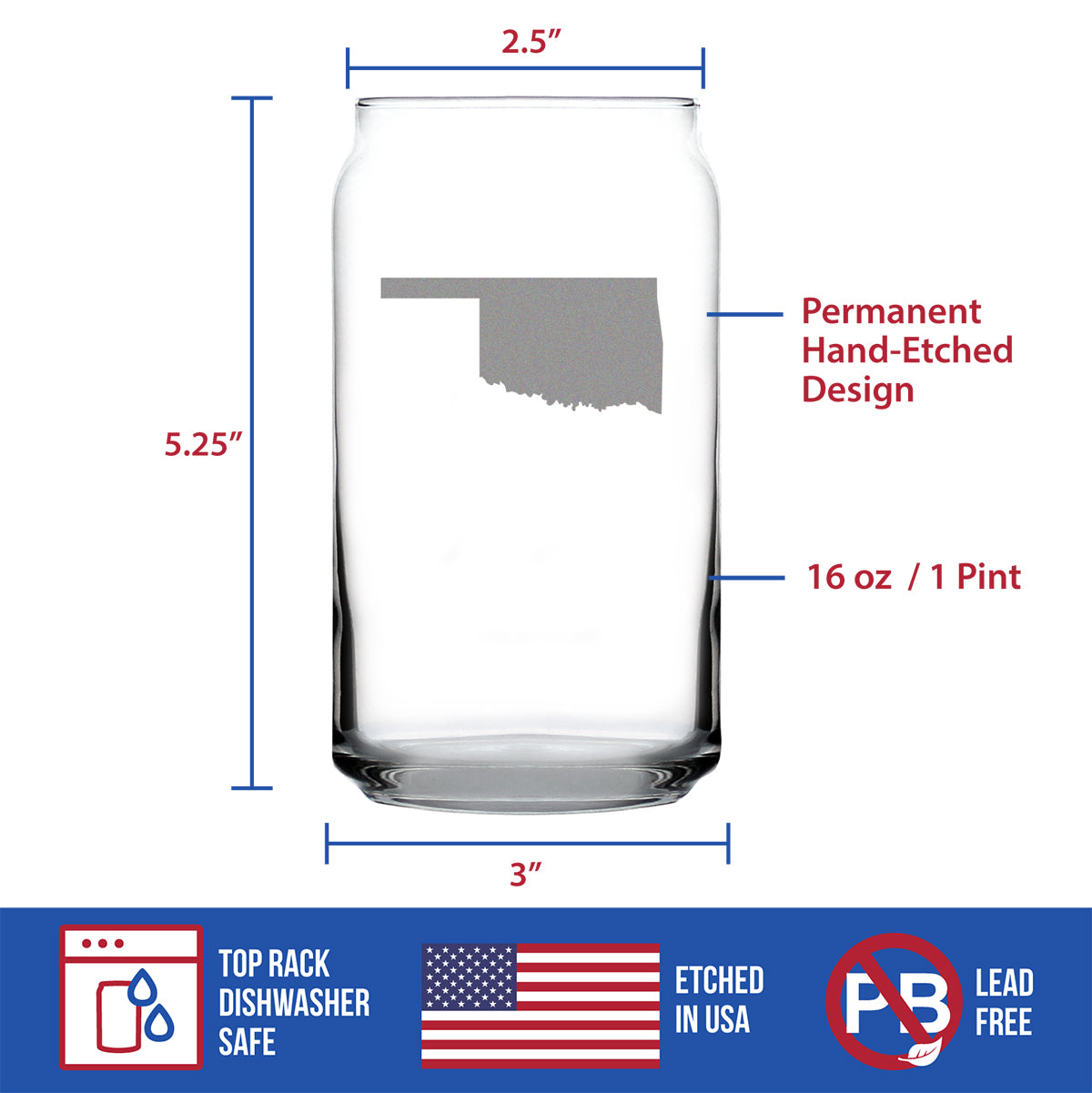 Oklahoma State Outline Beer Can Pint Glass - State Themed Drinking Decor and Gifts for Oklahoman Women & Men - 16 Oz Glasses
