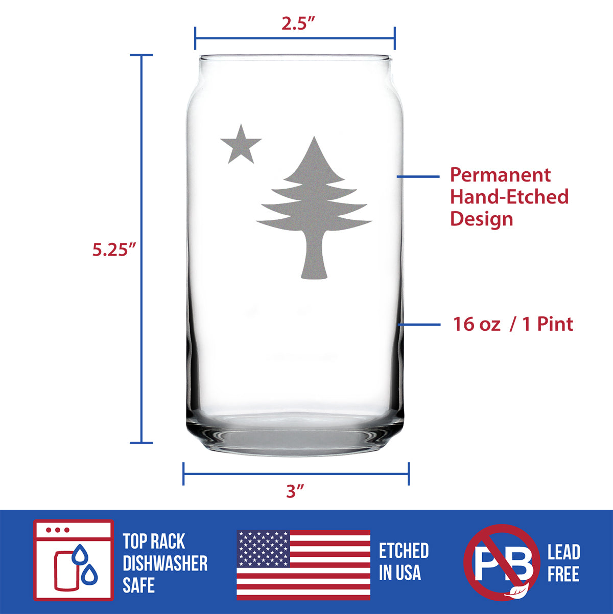 Old Maine Flag Beer Can Pint Glass - Original 1901 State of Maine Flag Gifts for Women & Men Mainers - 16 Oz Can Shaped Glasses