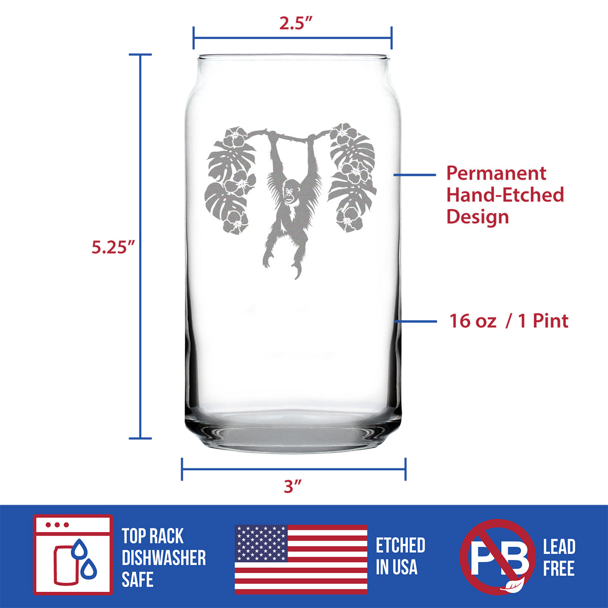 Orangutan Beer Can Pint Glass - Fun Wild Animal Themed Decor and Gifts for Lovers of Apes and Monkeys - 16 Oz Glasses
