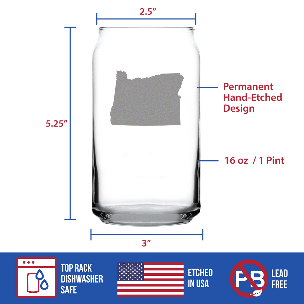 Oregon State Outline Beer Can Pint Glass - State Themed Drinking Decor and Gifts for Oregonian Women & Men - 16 Oz Glasses