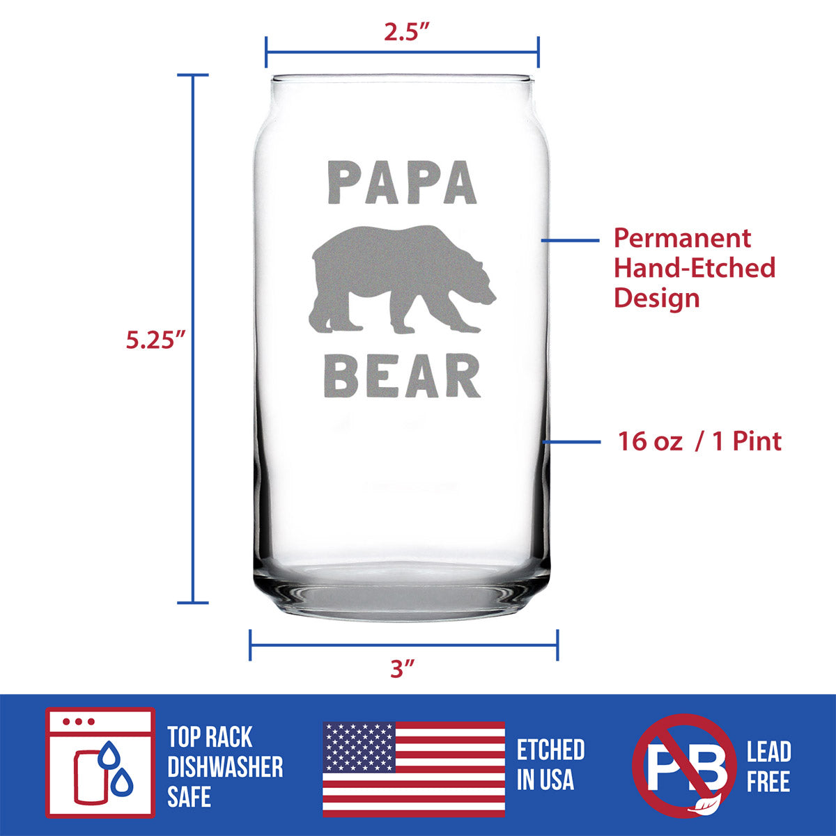 Papa Bear Beer Can Pint Glass - Cute Funny Dad Gift Ideas for Father's Day or Birthday - 16 Oz Glasses