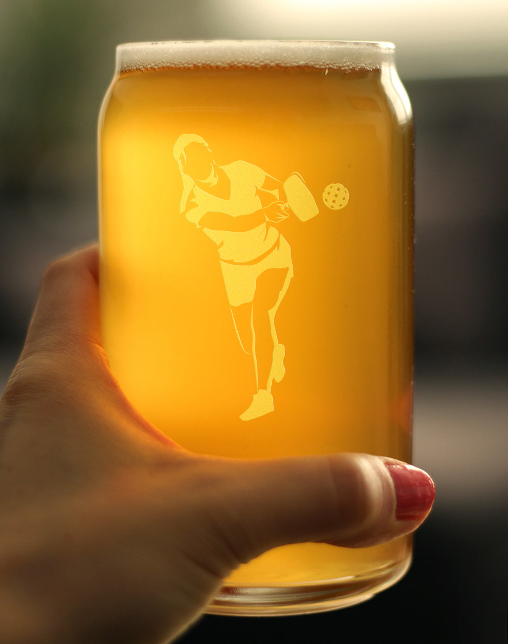 Pickleball Player Female - Beer Can Pint Glass - Funny Pickleball Themed Decor and Gifts - 16 oz Glasses