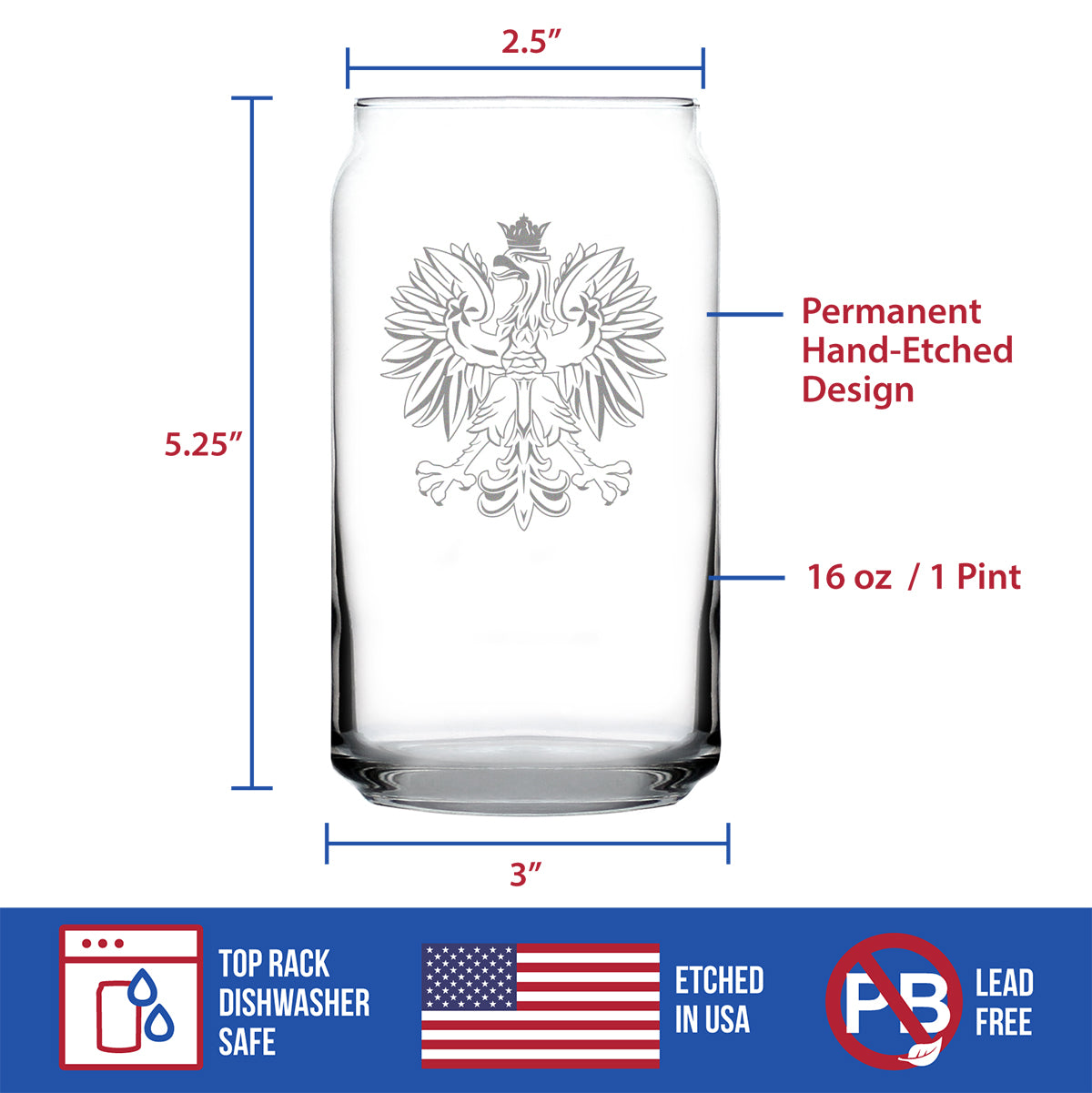 Polish Eagle - Engraved Beer Can Shaped Pint Glass, Party Cup for Poles & Beer Lovers, Unique Poland Gifts