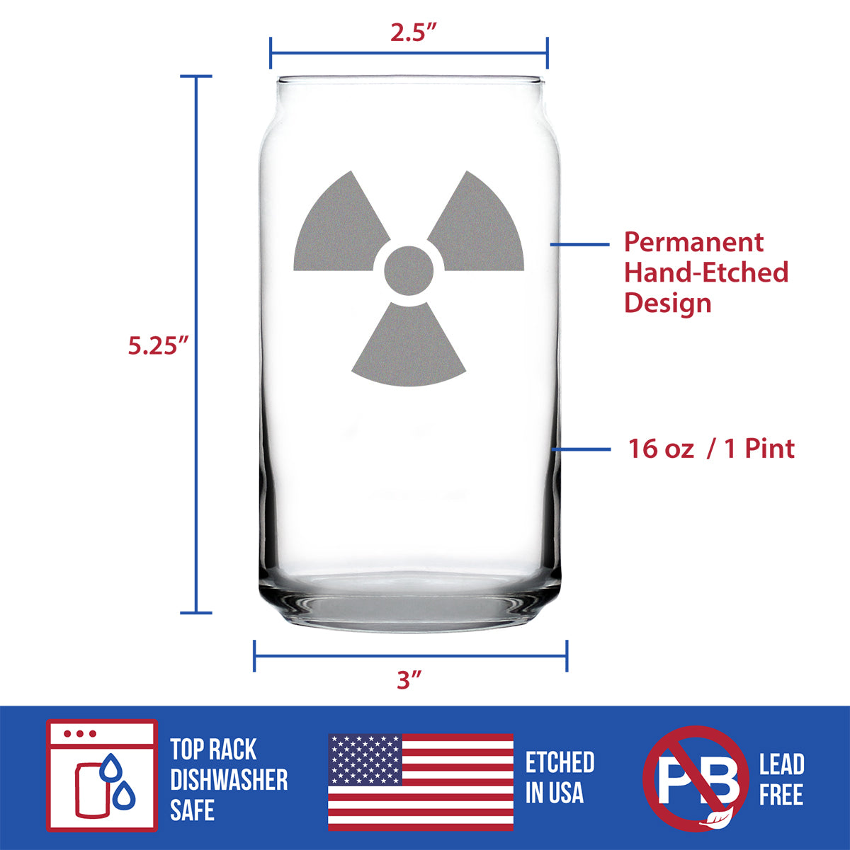 Radiation Symbol Beer Can Shaped Pint Glass - Unique Engraved Gifts for Medical Professionals, Nurses & Radiologists