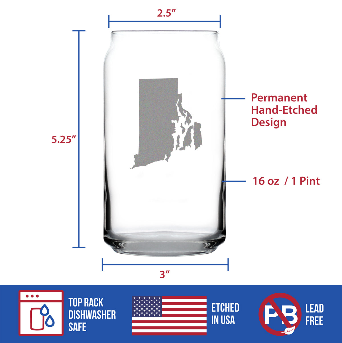 Rhode Island State Outline Beer Can Pint Glass - State Themed Drinking Decor and Gifts for Rhode Islander Women & Men - 16 Oz Glasses