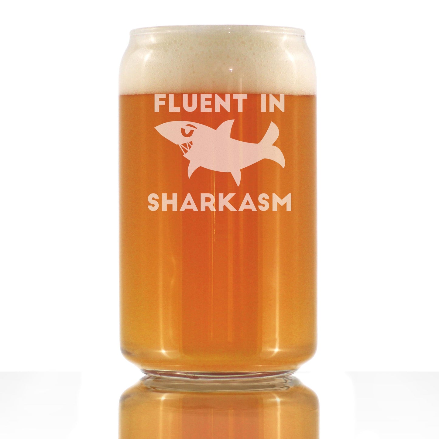 Fluent in Sharkasm - Funny Shark Beer Can Pint Glass Gifts for Men & Women - Fun Unique Sharks Decor