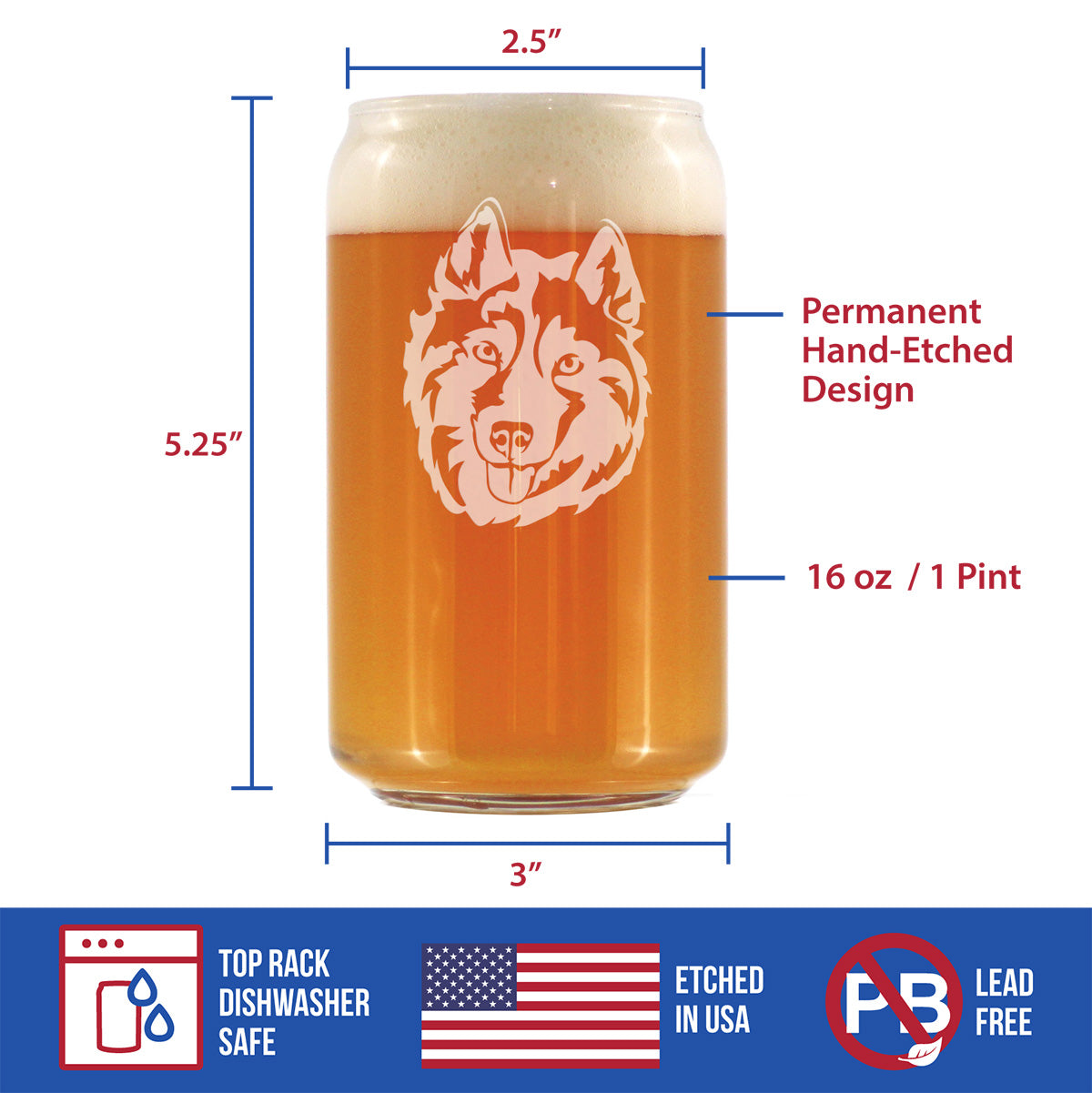 Siberian Husky Face Beer Can Pint Glass - Unique Dog Themed Decor and Gifts for Moms & Dads of Huskies - 16 Oz