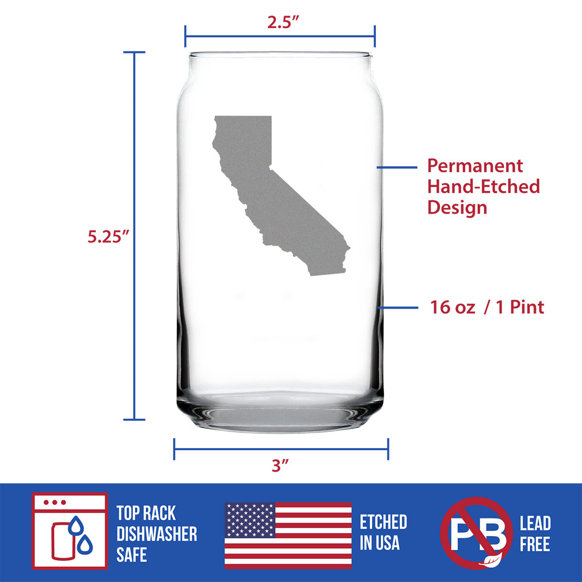 California State Outline Beer Can Pint Glass - State Themed Drinking Decor and Gifts for Californian Women & Men - 16 Oz Glasses