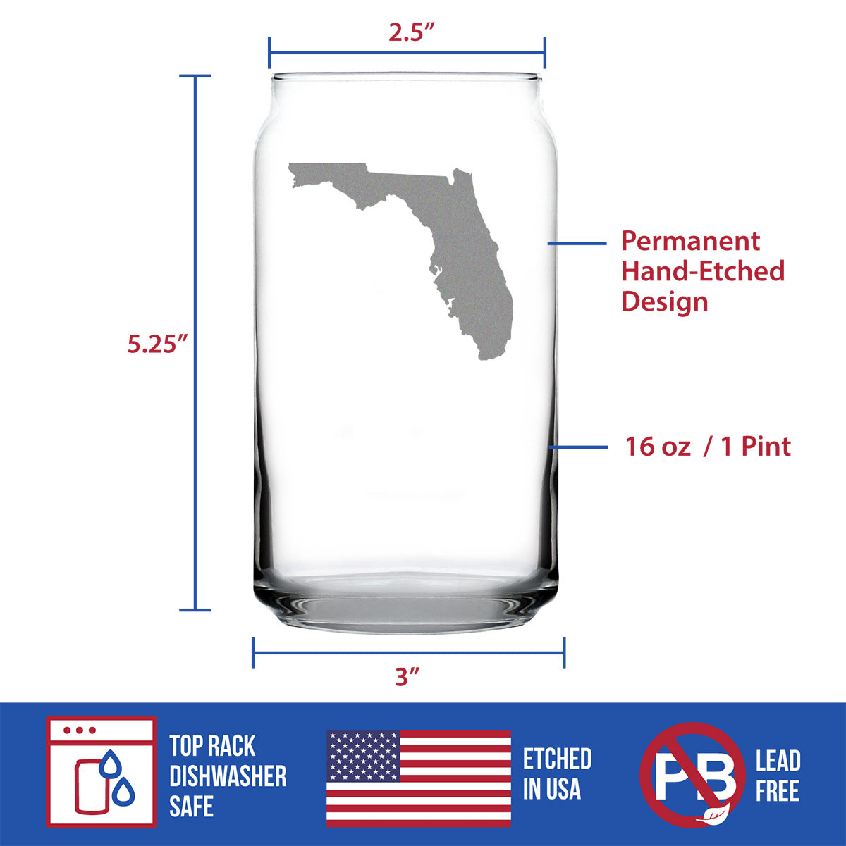 Florida State Outline Beer Can Pint Glass - State Themed Drinking Decor and Gifts for Floridian Women & Men - 16 Oz Glasses