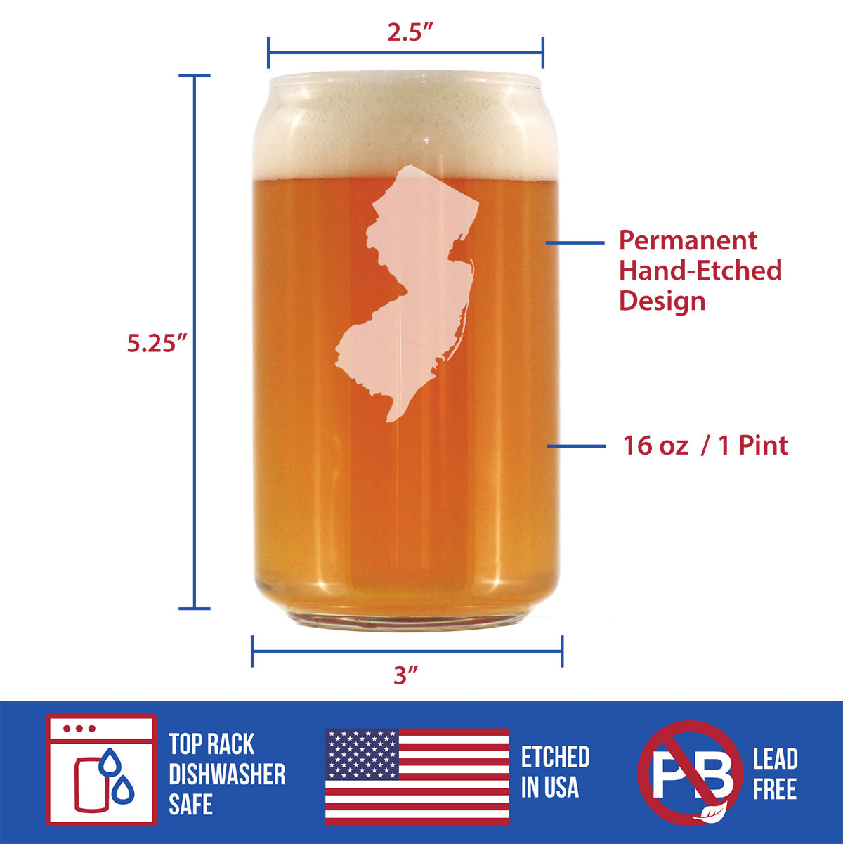 New Jersey State Outline Beer Can Pint Glass - State Themed Drinking Decor and Gifts for New Jerseyan Women & Men - 16 Oz Glasses